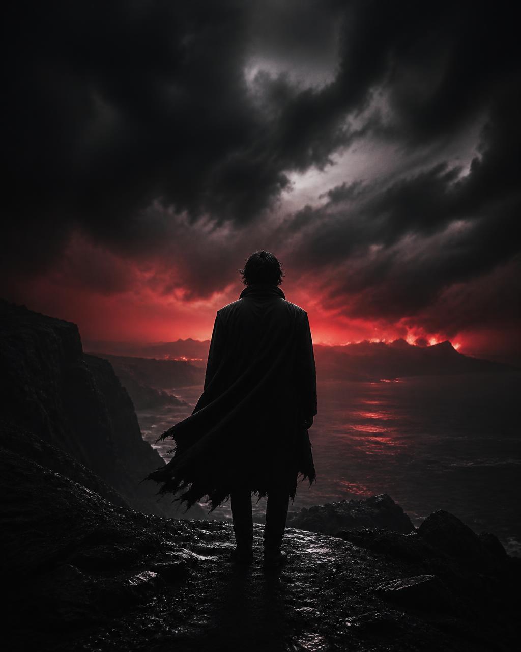 A lone figure facing a stormy horizon